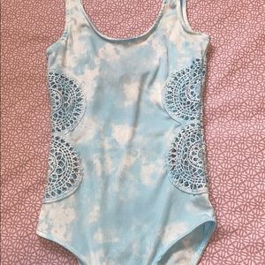blue and white tie dye body suit